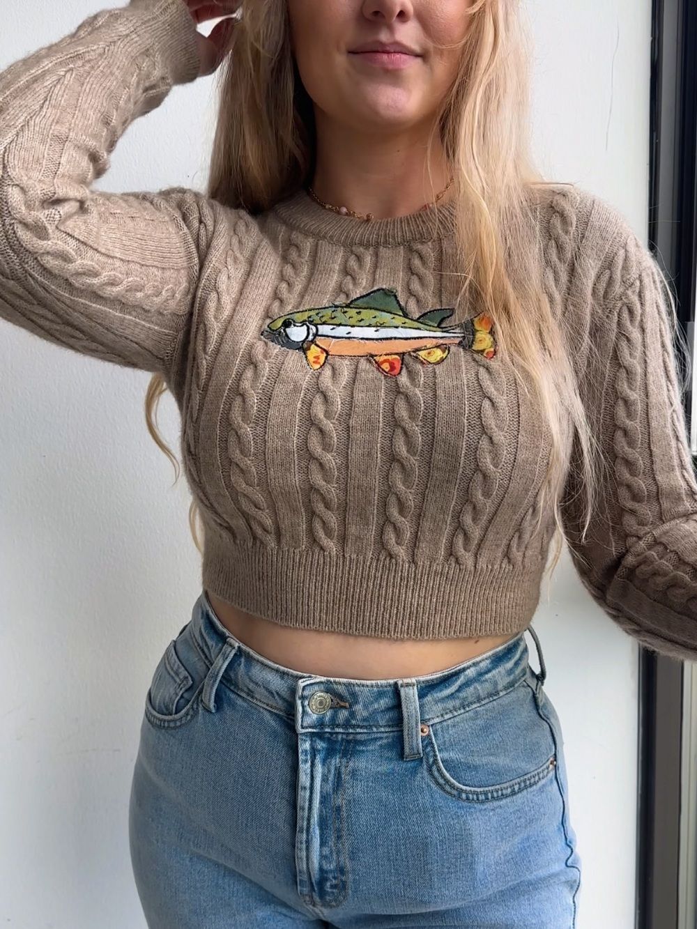 Upcycled Cropped Cable Knit Mocha Brown Sweater with Embroidered Fish Appliqué